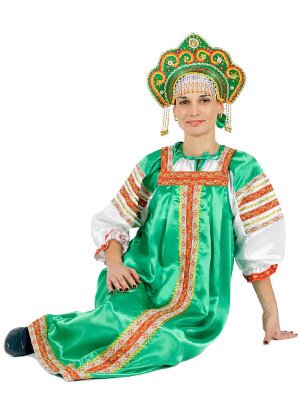 Русский народный костюм &quot;Василиса&quot;, зеленый атласный комплект Набор из сарафана и блузы.Ткань атлас.