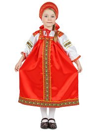 Русский народный костюм "Василиса" детский, красный атласный комплект, 7-12 лет