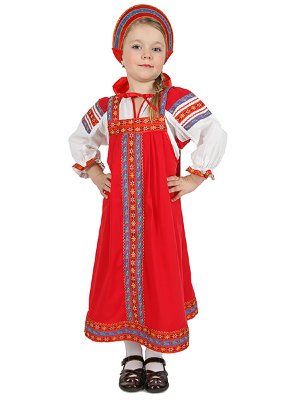 Русский народный костюм &quot;Дуняша&quot; детский, красный хлопковый комплект, 7-12 лет Набор из сарафана и блузы.Ткань хлопок.